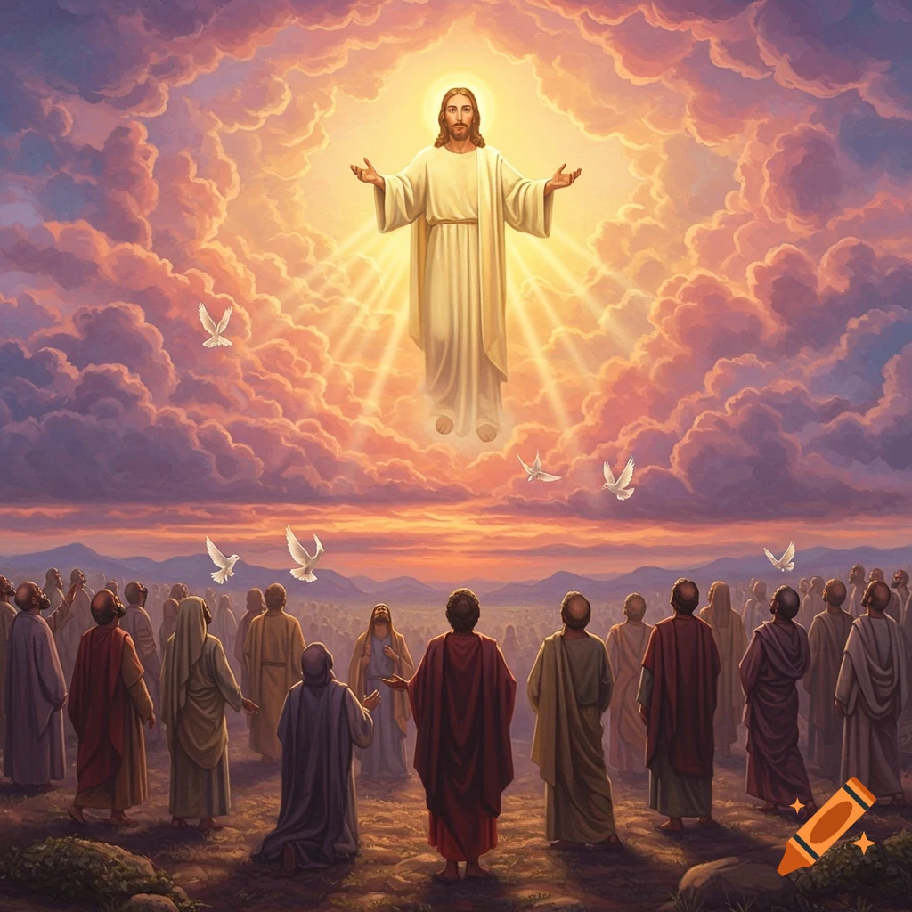 Jesus ascends into a glowing, cloud-filled sky as a crowd of people watch from below at sunset in a painted illustration.