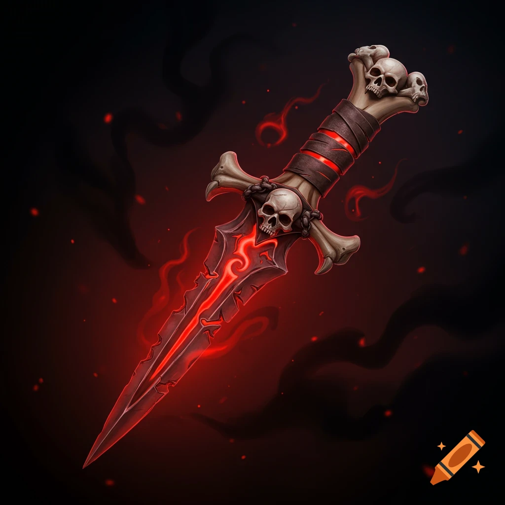 A stylized dark fantasy dagger featuring a hilt made of bones and skulls, with a red glowing blade, against a dark background.