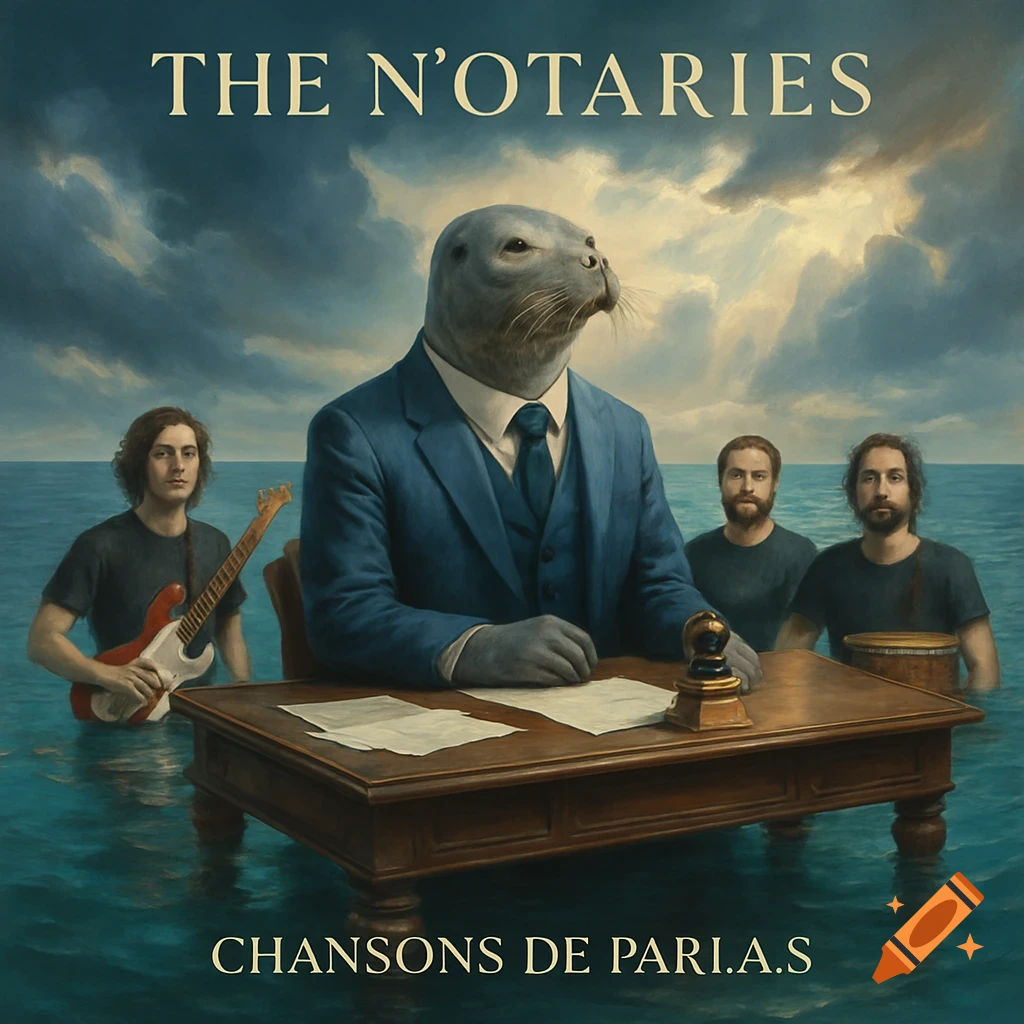 An anthropomorphic seal in a suit at a desk in the sea with musicians. Text reads "THE N'OTARIES" and "CHANSONS DE PARI.A.S".