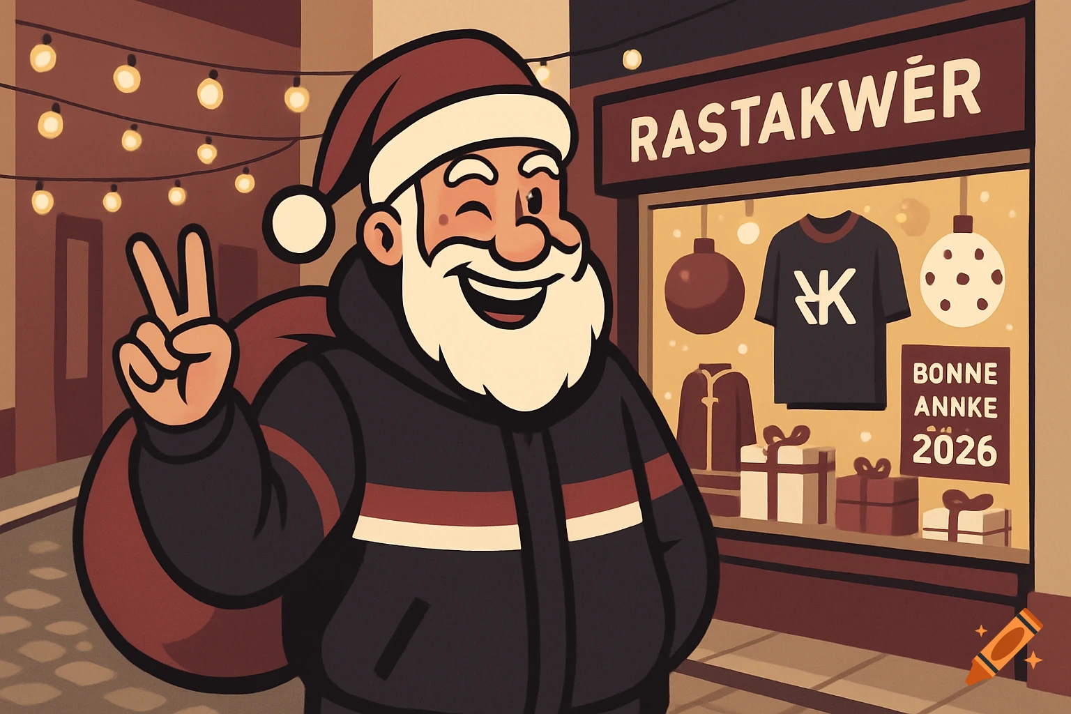 Cartoon urban Santa in a streetwear jacket makes a peace sign in front of a shop window with Christmas decorations and text.