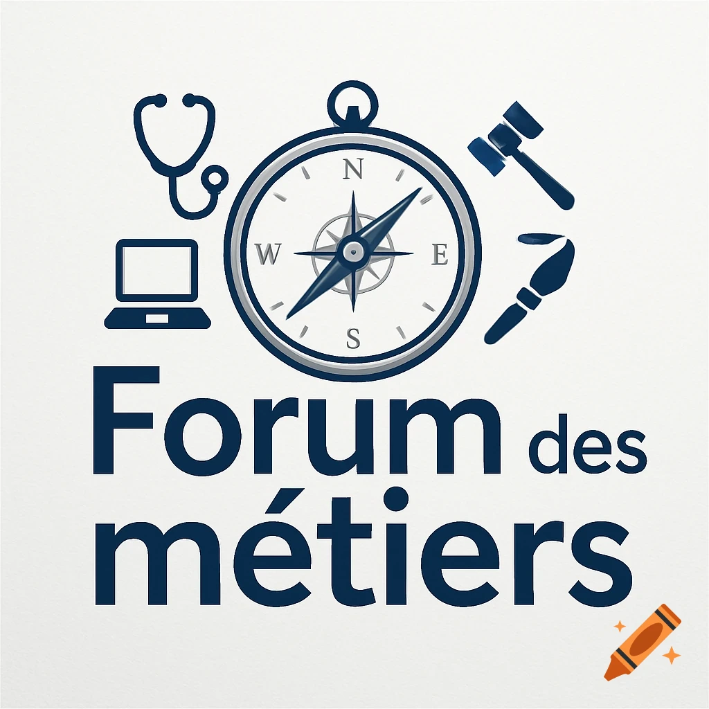 A logo for 'Forum des métiers' with a compass and icons for stethoscope, laptop, gavel, and paintbrush on a white background.