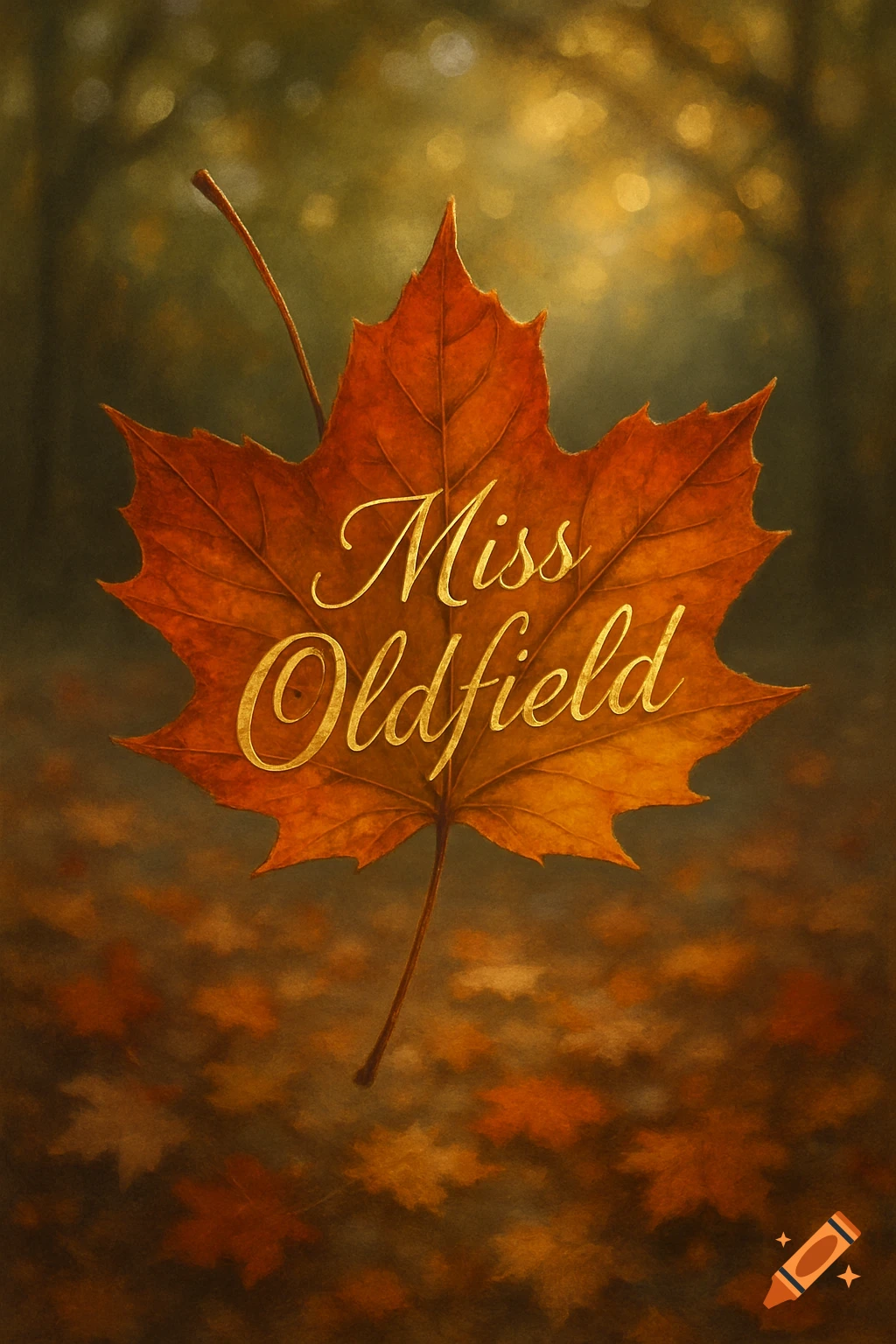 A vibrant orange maple leaf with 'Miss Oldfield' in gold script, against a blurred, warm autumn forest background.