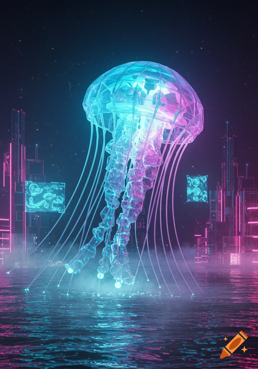 A glowing, polygonal jellyfish hovers over water in a futuristic cyberpunk city with neon lights.