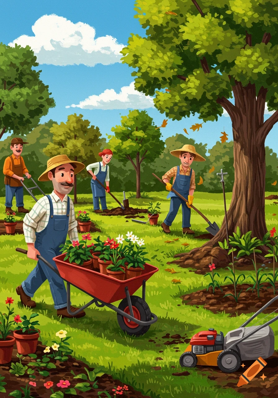 A vibrant illustration of several people gardening, planting flowers, digging, and pushing a wheelbarrow with plants in a lush green yard with trees.