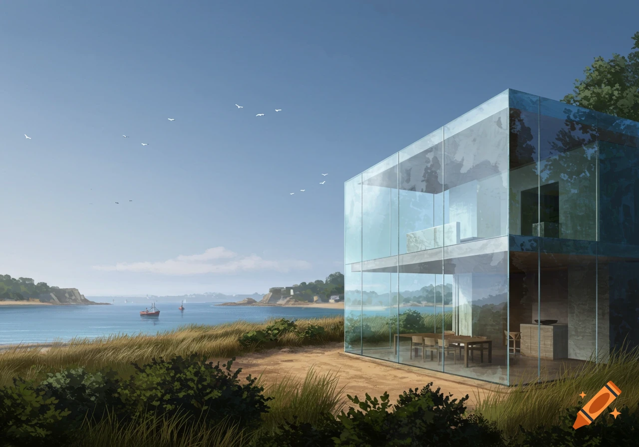Modern glass house on a sandy coast overlooks a calm blue bay with boats under a clear sky, surrounded by tall grass and bushes.