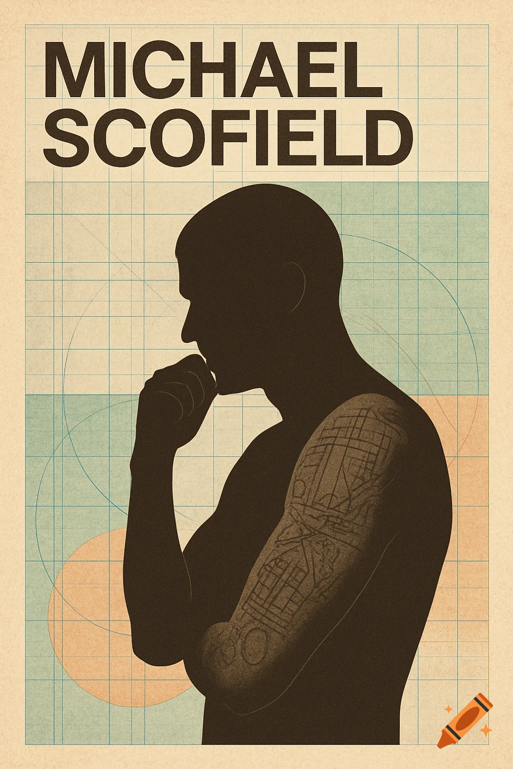 A minimalist Swiss-style poster showing Michael Scofield's silhouette with detailed arm tattoos against a geometric grid background.