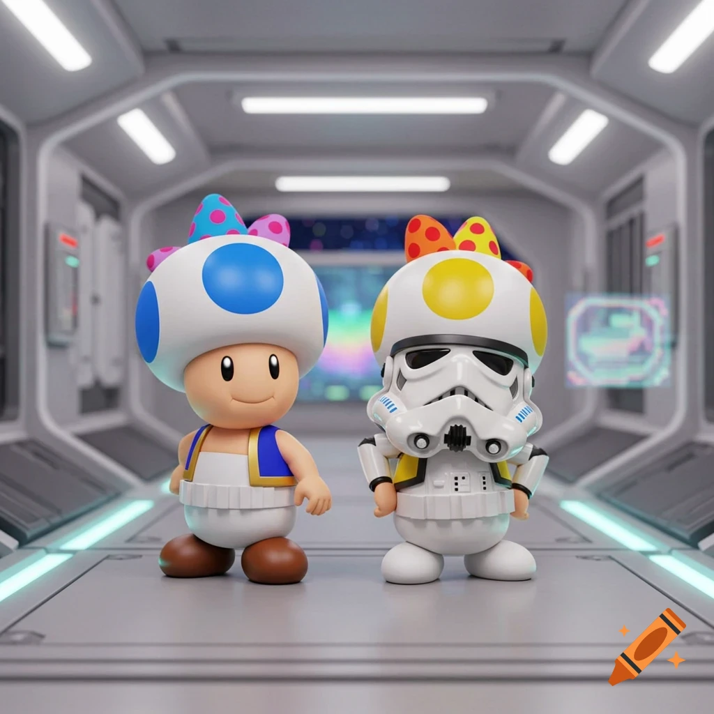 A blue Toad and a yellow Toad, dressed as Stormtroopers, standing in a futuristic white hallway.