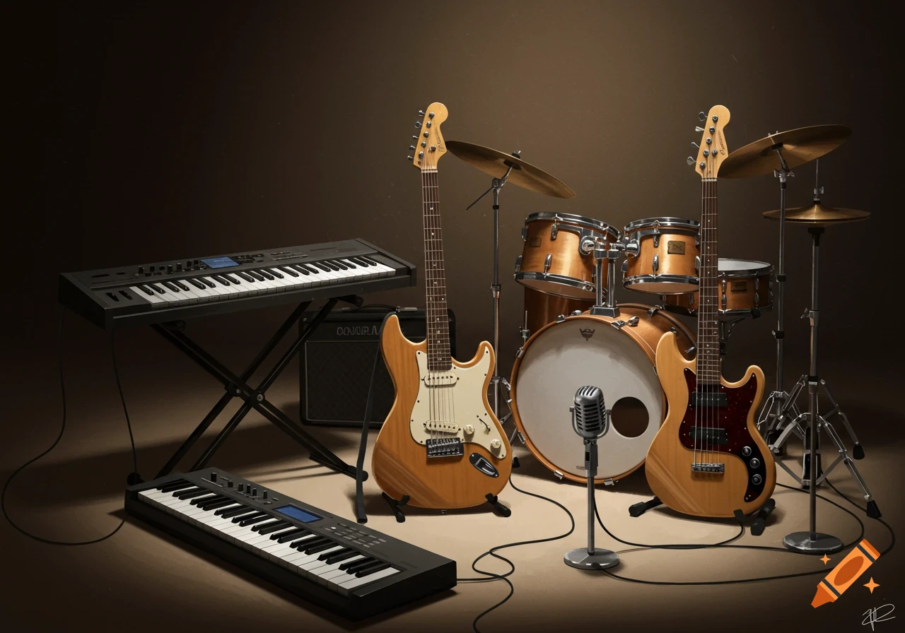 A photorealistic still life featuring a drum kit, two electric guitars, two keyboards, an amplifier, and a microphone on a dark stage.
