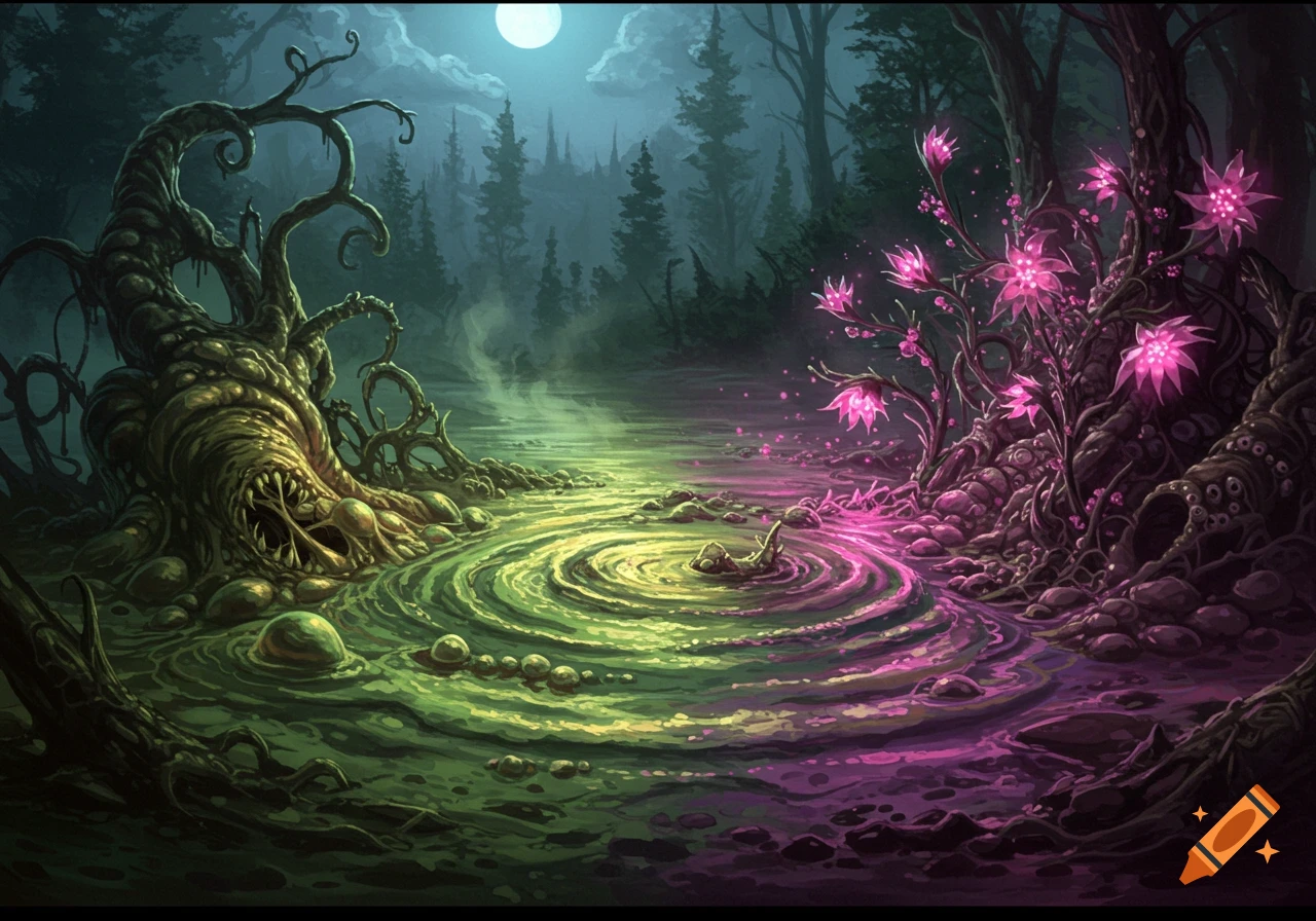 Fantasy illustration of an eerie swamp at night, with a monstrous, toothy tree in green water and a tree with glowing pink flowers in purple water.