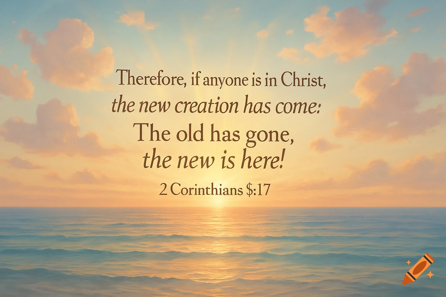 An inspirational image with the Bible verse 2 Corinthians 5:17 displayed over a sunset scene with an ocean and clouds.