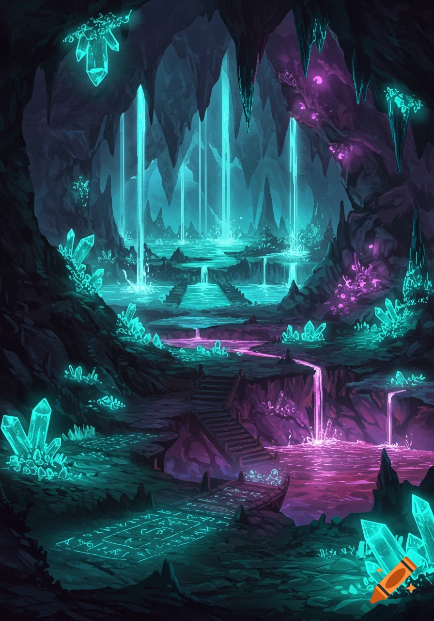 A vibrant fantasy cave with glowing turquoise and magenta crystals, luminous waterfalls, and mysterious runes on the ground.