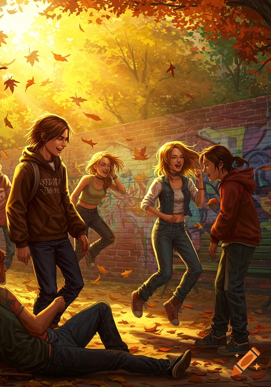 An illustration of laughing adolescents in autumn sunlight, surrounded by falling leaves and graffiti on a brick wall.