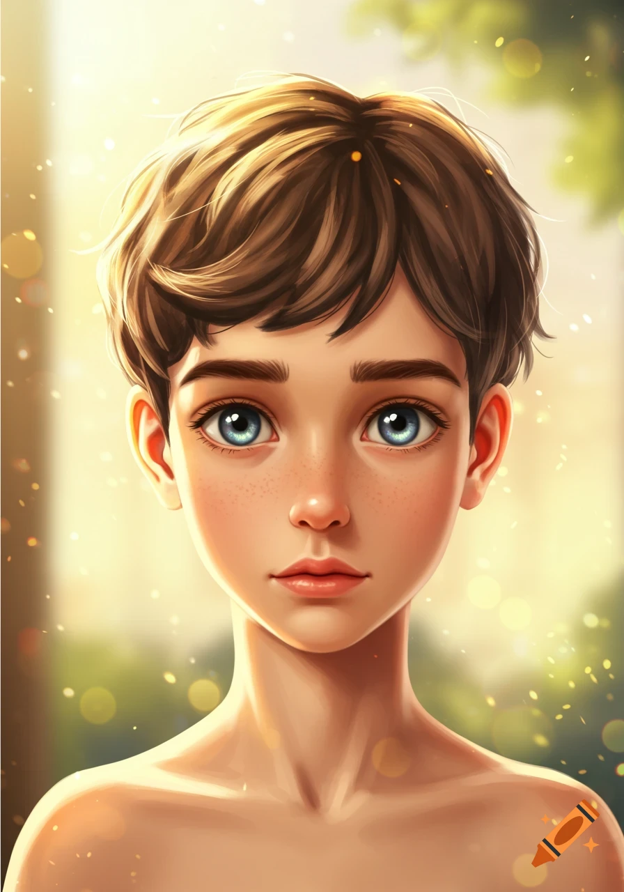 Digital art portrait of a young boy with short brown hair, blue eyes, and freckles, looking forward against a bright, sunny background.