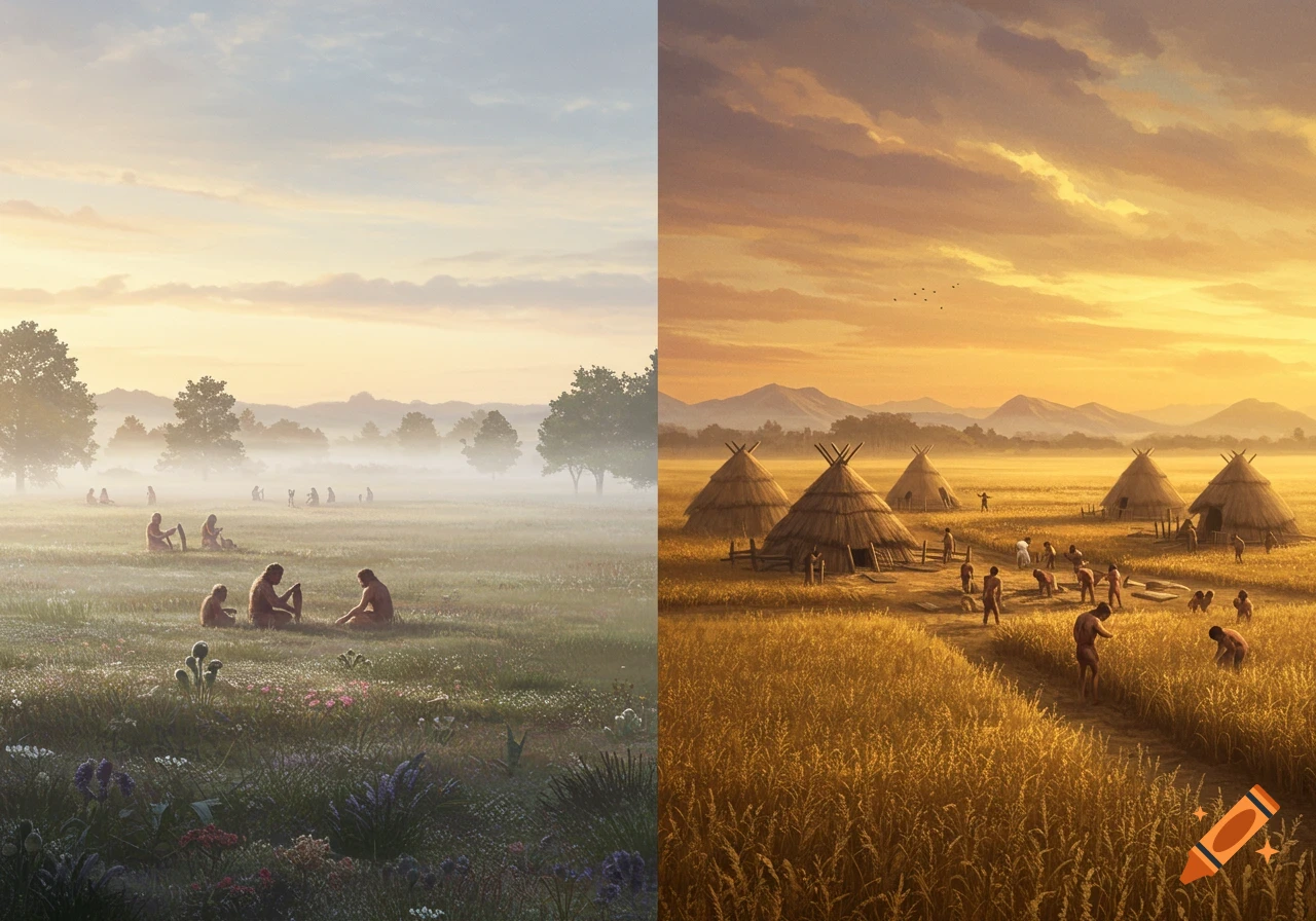Split image: left, prehistoric people in a misty field; right, a Neolithic settlement with huts and cultivated fields.