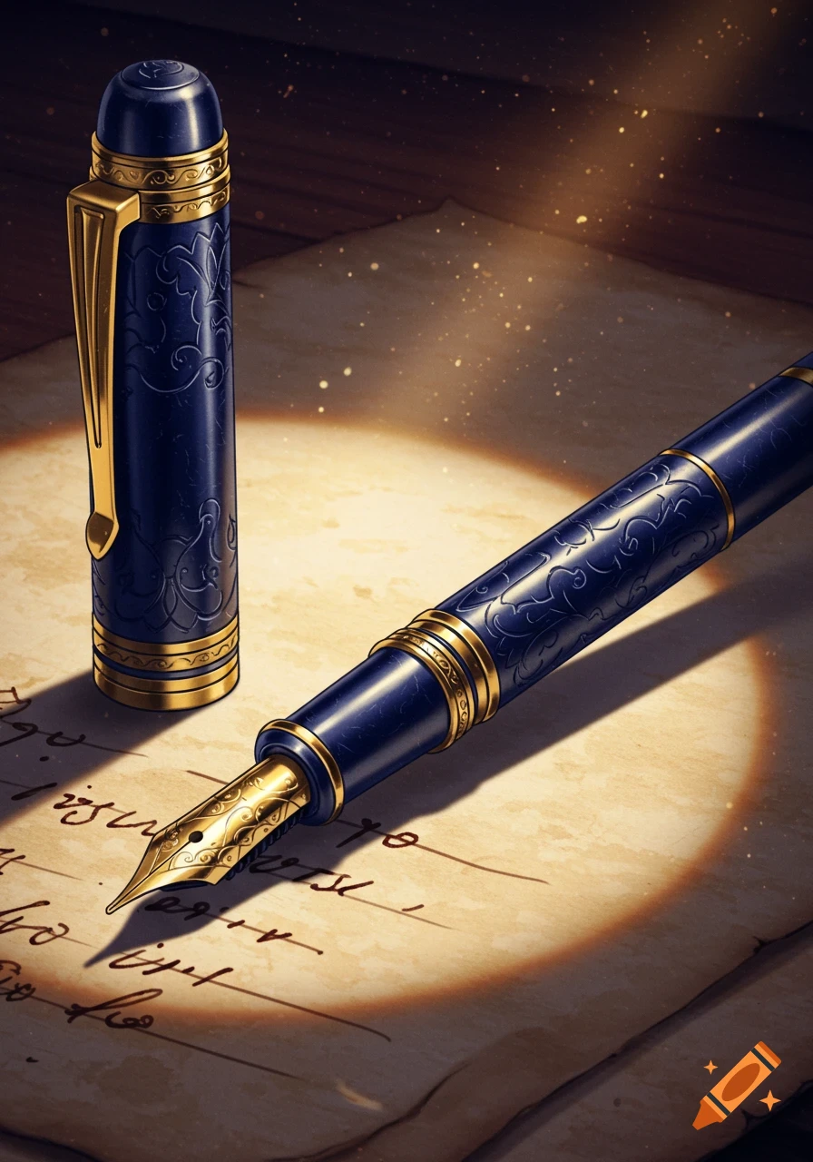 A detailed, dramatic shot of a vintage navy blue and gold fountain pen resting on an old, textured piece of paper with handwritten script.