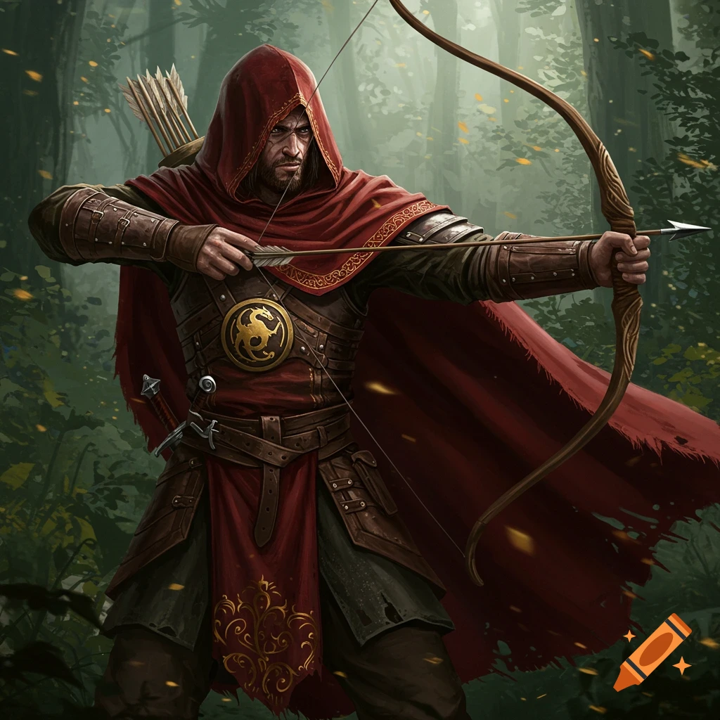 A male hooded ranger in red cloak and leather armor, drawing a bow and arrow in a forest, depicted in a digital painting style.