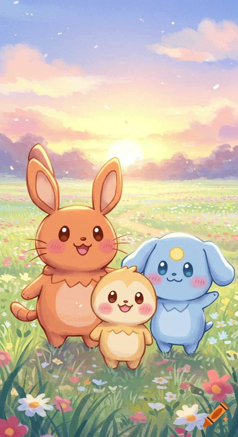 Three cute anime-style creatures, an orange rabbit, a small yellow animal, and a blue dog, stand in a colorful flower field at sunset.