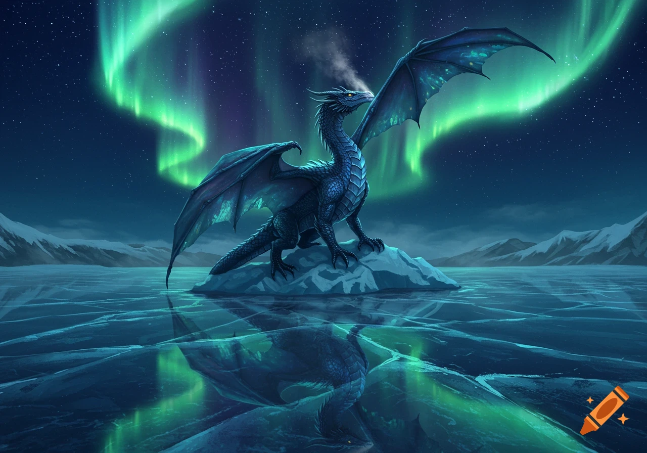 A majestic blue dragon stands on ice under a vibrant green aurora borealis, exhaling smoke with its reflection visible in the frozen water.