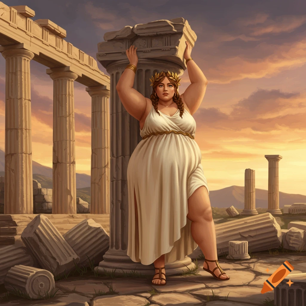 A plus-size woman in a white Greek chiton and a laurel wreath holds up a stone block amidst ancient Greek ruins at sunset, in a digital painting style.
