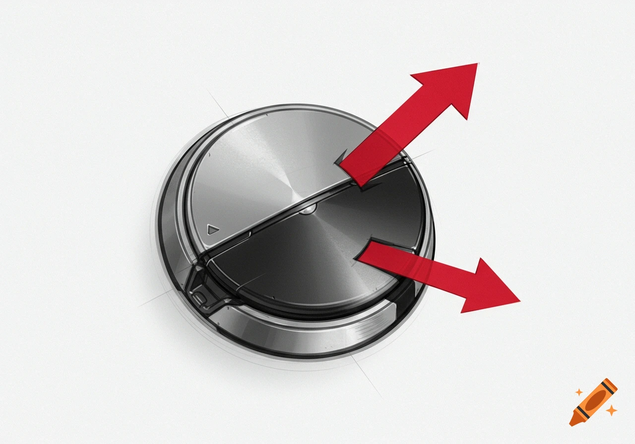 Metallic black and grey circular button with red arrows showing upward movement, on a white sketch background.