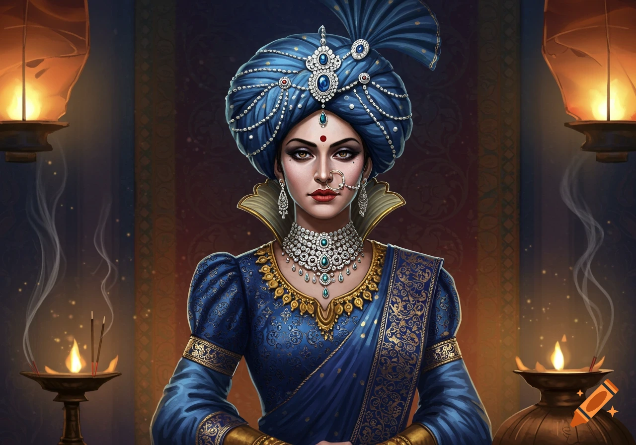 A majestic Indian woman with a jeweled blue turban and ornate necklace, in a richly decorated blue and gold outfit, with lit lamps.
