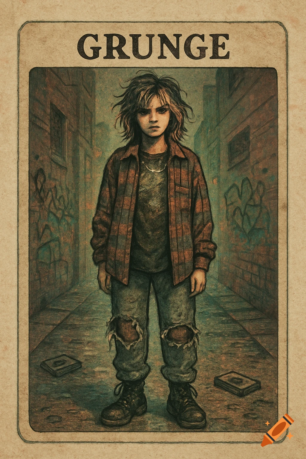 Grunge style illustration of a girl with messy hair and ripped jeans standing in an alley on a character card titled 'GRUNGE'.