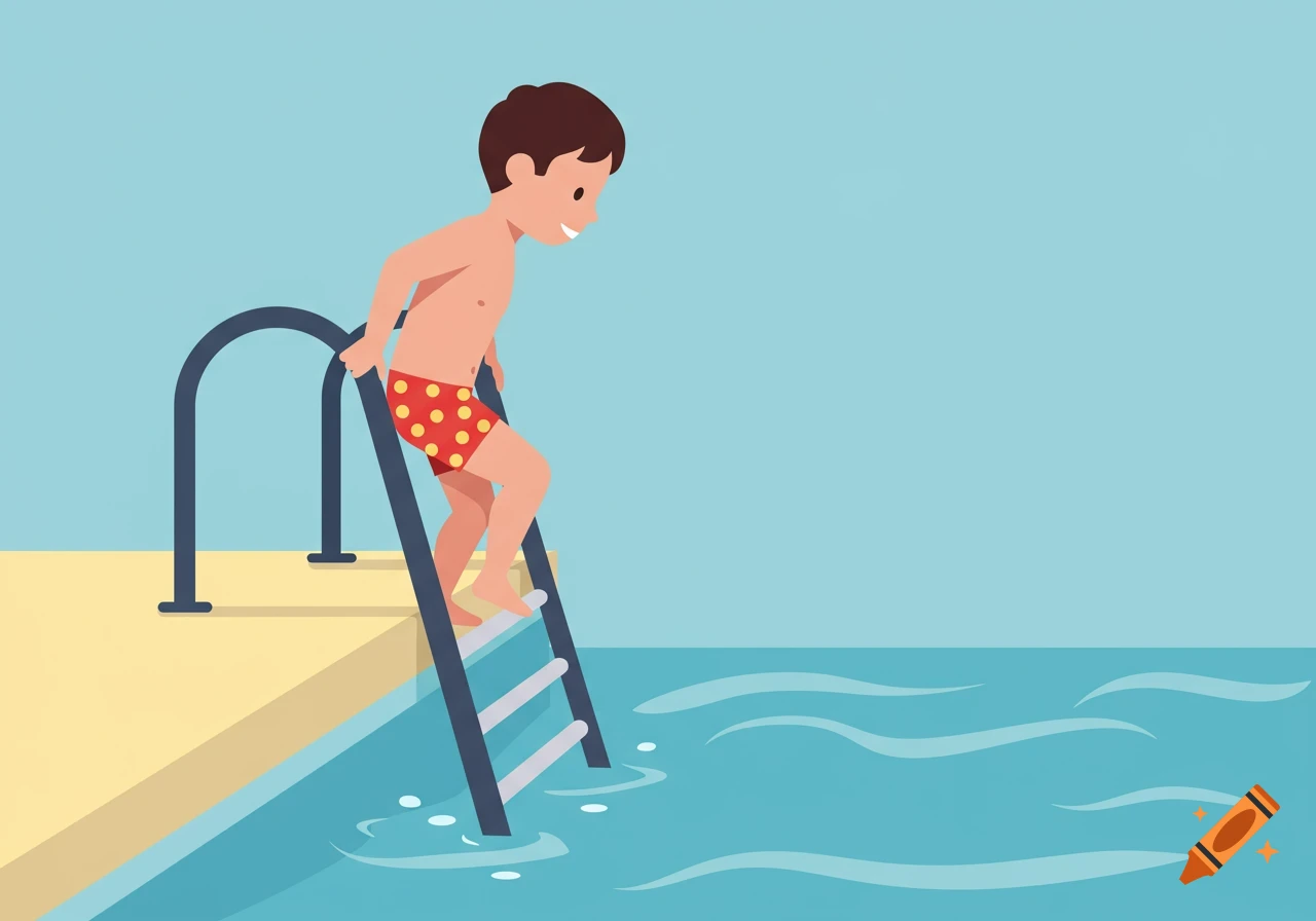 Cartoon boy in red polka dot swim trunks stepping down a ladder into a blue swimming pool.