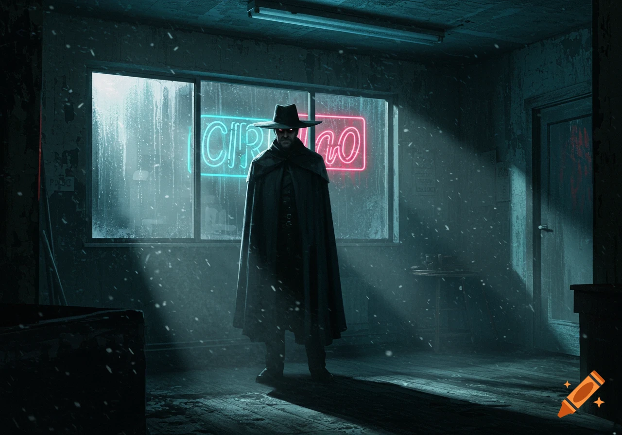 A shadowy figure in a wide-brimmed hat and cape stands in a dim, gritty room with neon signs outside a window, and snow falling.