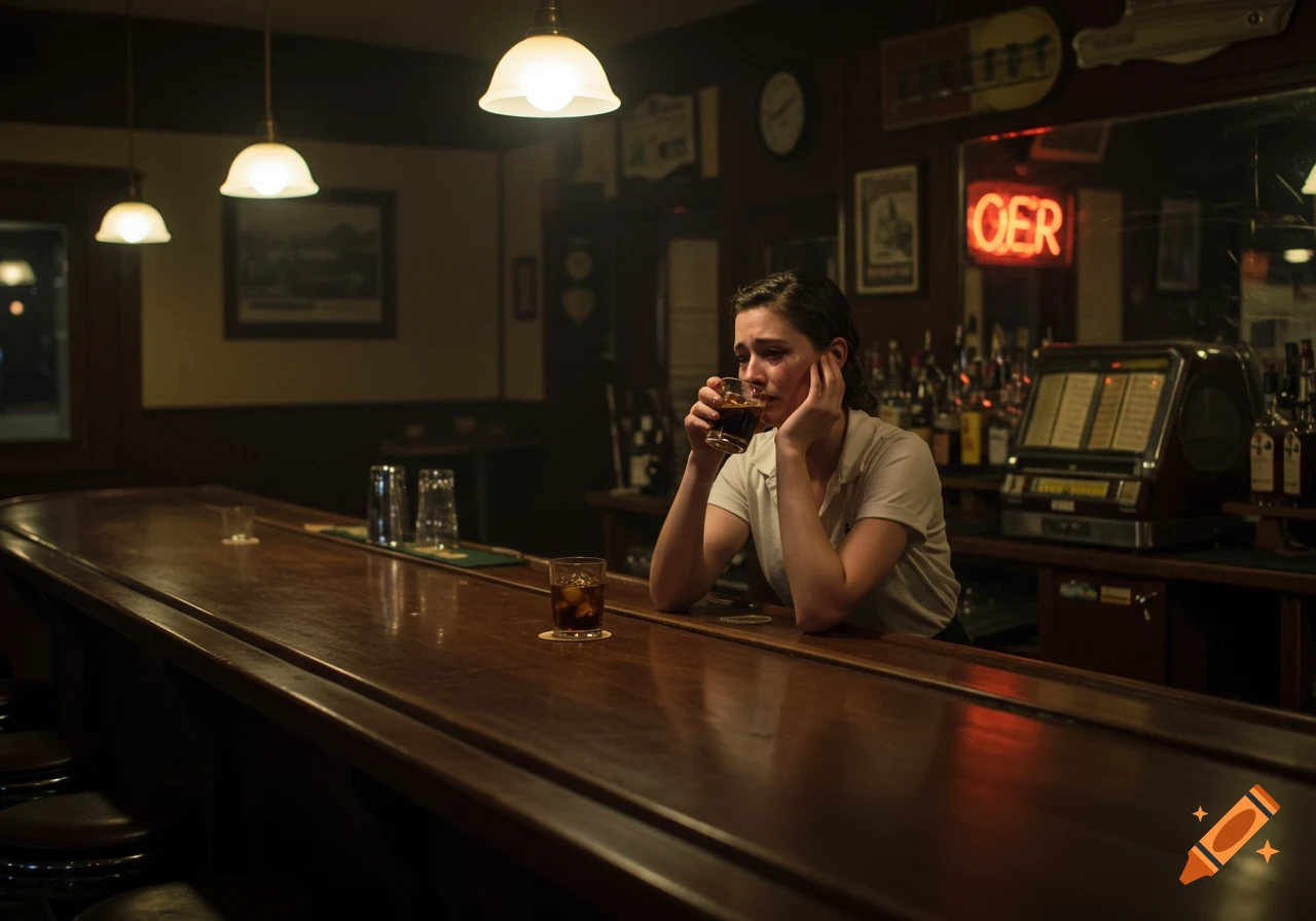 A crying woman with a drink leans on a dark wooden bar in a dimly lit, empty dive bar, looking sad.