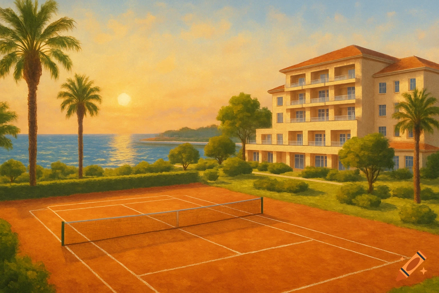 Painterly view of a clay tennis court with a resort hotel, palm trees, and ocean at sunset.
