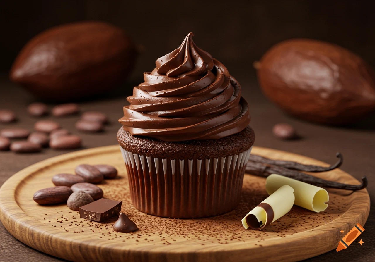 A photorealistic chocolate cupcake with rich frosting on a wooden board, surrounded by cocoa beans, cocoa pods, chocolate pieces, and vanilla pods.