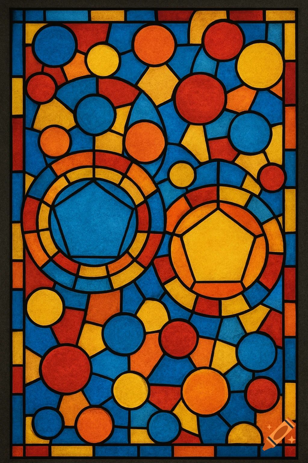 Vibrant stained glass design with geometric shapes, including circles and pentagons, in blue, yellow, red, and orange, outlined with heavy black borders.