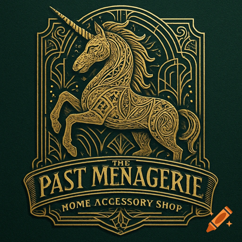 Gold Art Deco logo featuring a rearing unicorn, intricate patterns, and 'The Past Menagerie Home Accessory Shop' text.