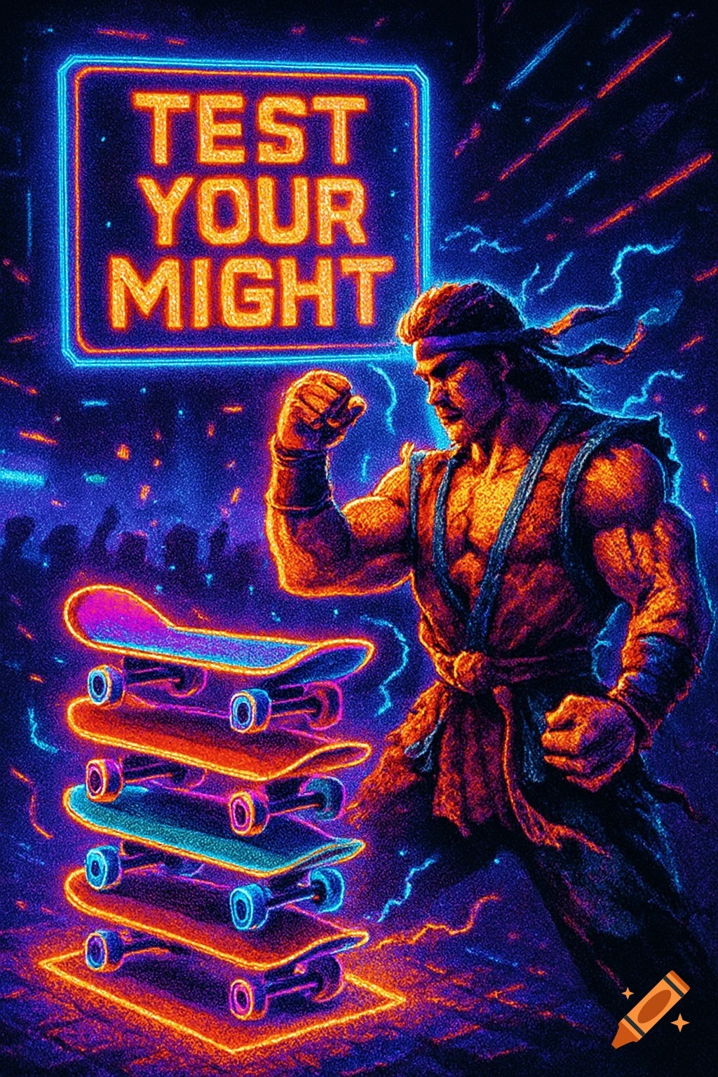 A muscular warrior stands next to a stack of neon-lit skateboards under a "TEST YOUR MIGHT" sign in a vibrant, retro-futuristic setting.