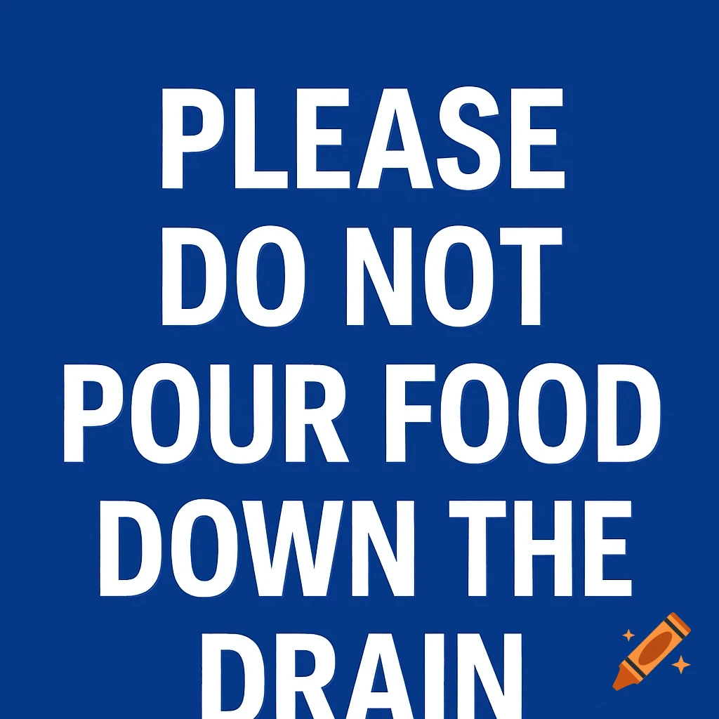 A royal blue sign with bold white text that reads 'PLEASE DO NOT POUR FOOD DOWN THE DRAIN'.