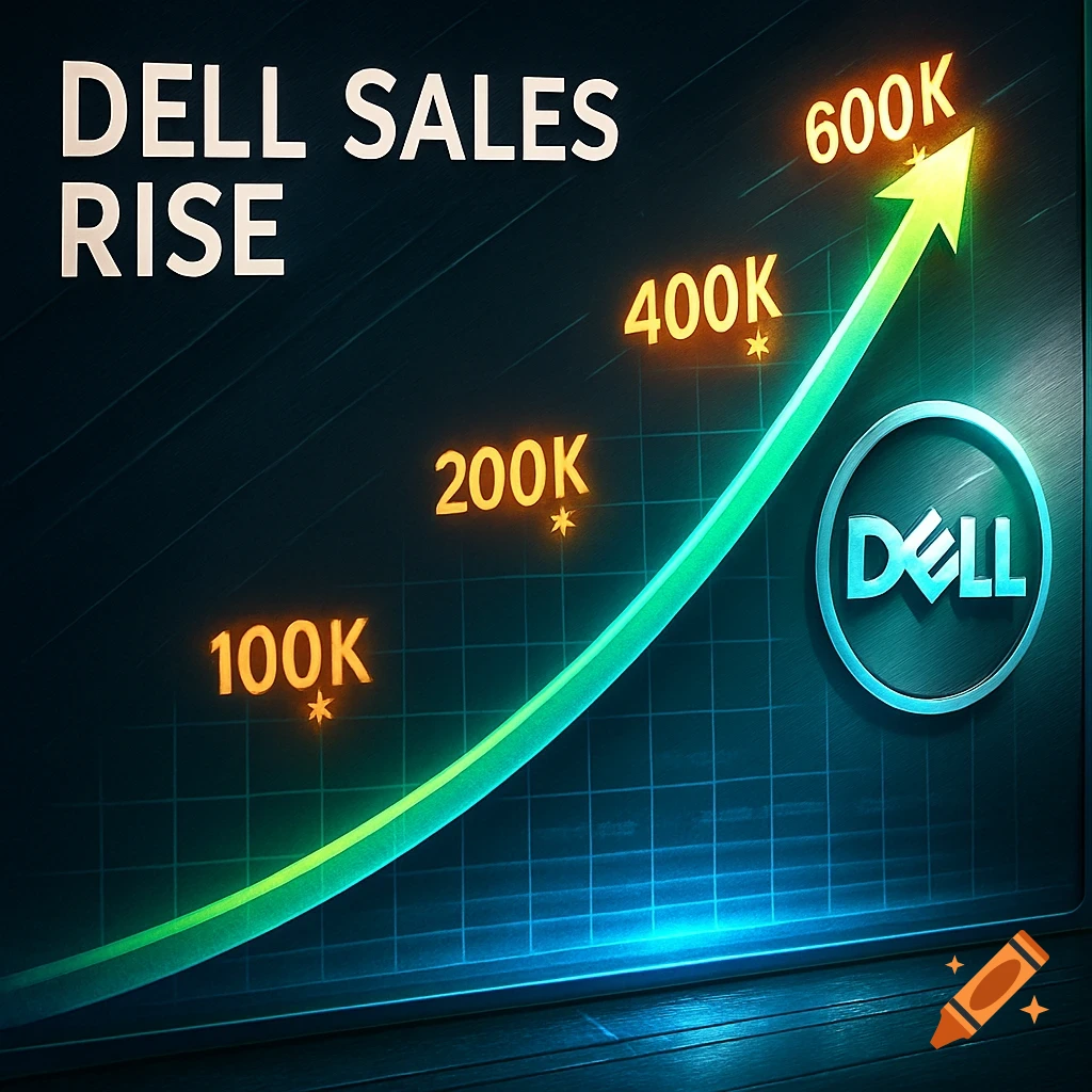 Dell sales growth chart with an upward green arrow and points indicating 100K, 200K, 400K, 600K.