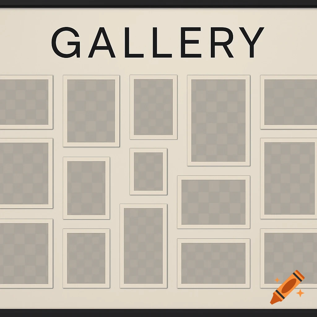 A cream-colored wall displays the word 'GALLERY' above an arrangement of empty picture frames with checkerboard placeholder patterns.