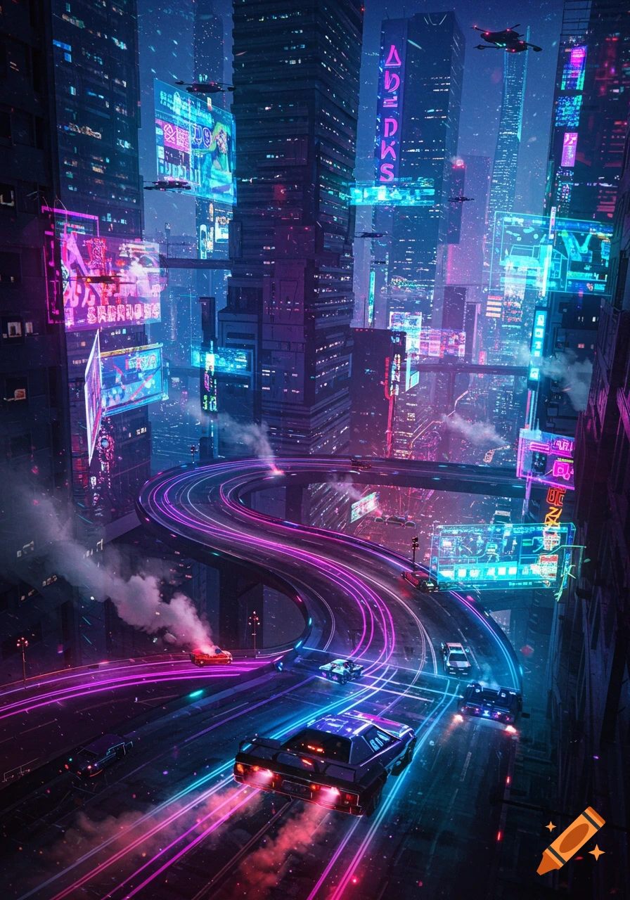 A vibrant, neon-lit cyberpunk city at night with flying cars and ...