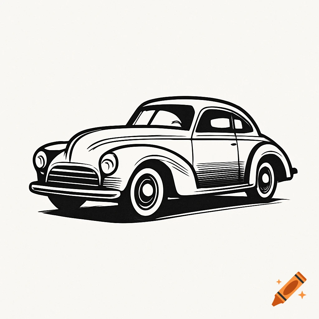 Stylized black and white drawing of an old classic car viewed from the side, on a white background.