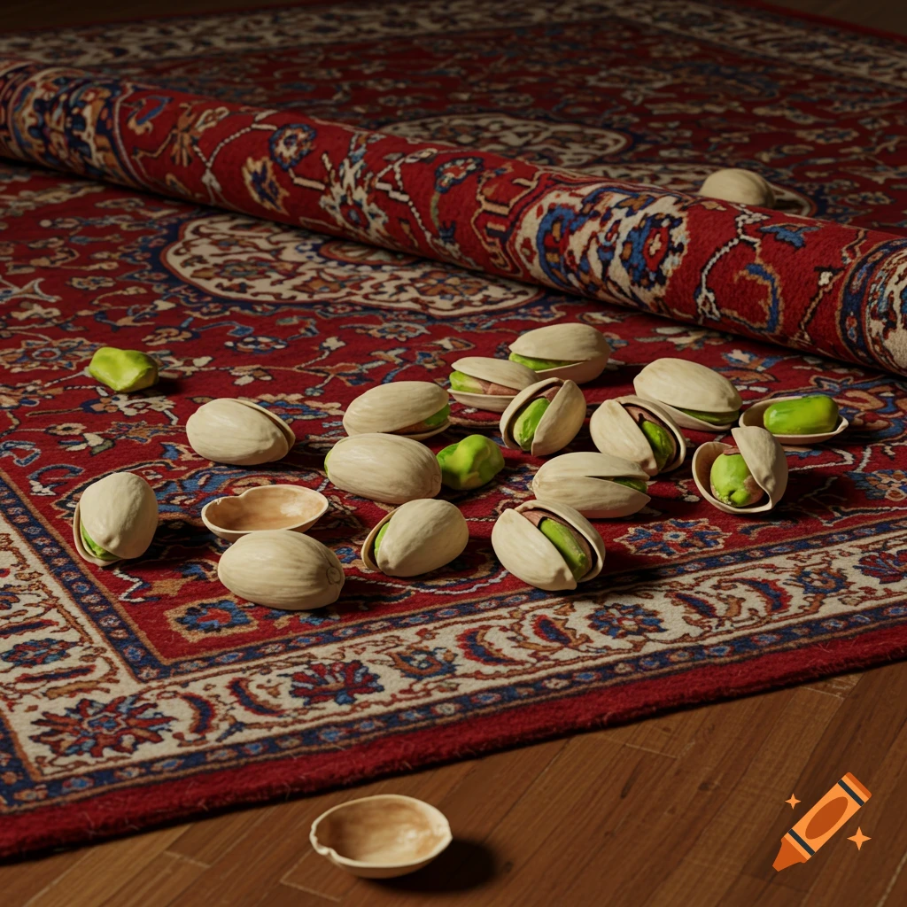 Many pistachios, some shelled, scattered across a vibrant red Persian rug with intricate patterns.