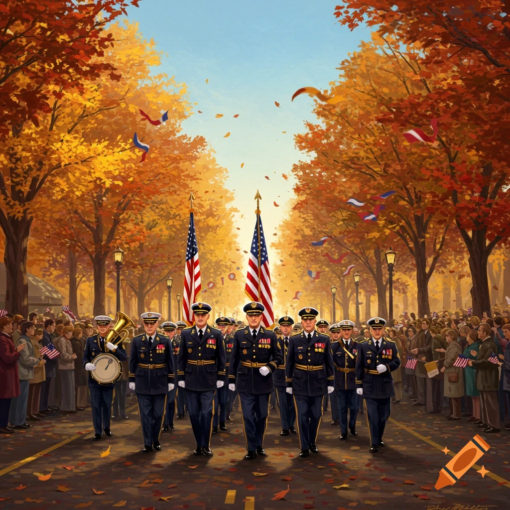 A Veterans Day parade featuring soldiers in uniform marching with US flags down an autumn street lined with cheering spectators.