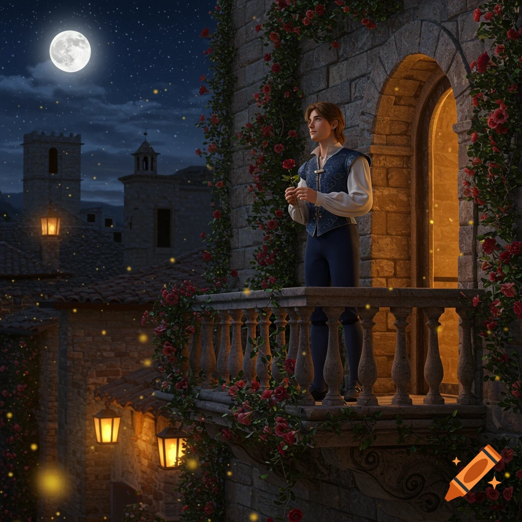 A young man in period clothing stands on a rose-covered balcony at night under a full moon, holding a red rose, with a glowing town below.