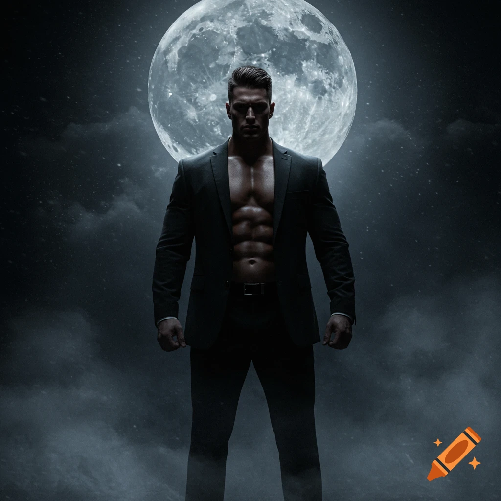 A muscular man in an open suit jacket stands under a dramatic full moon with a dark, misty sky.