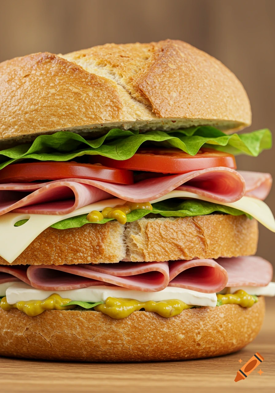 A photorealistic, close-up view of a generously layered submarine sandwich filled with ham, cheese, lettuce, tomato, and mustard.