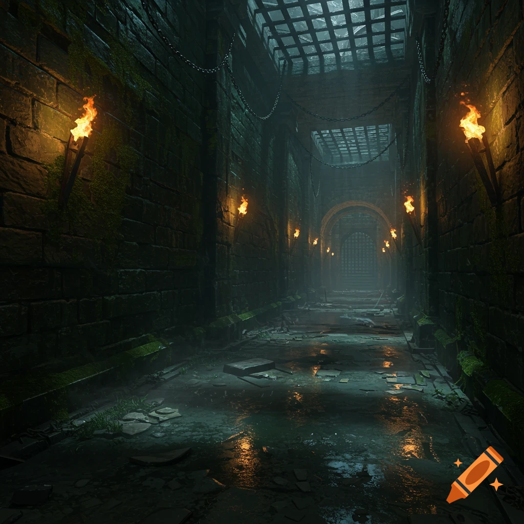 A dark, atmospheric dungeon corridor with mossy stone walls, lit by wall-mounted torches, leading to a grated archway.