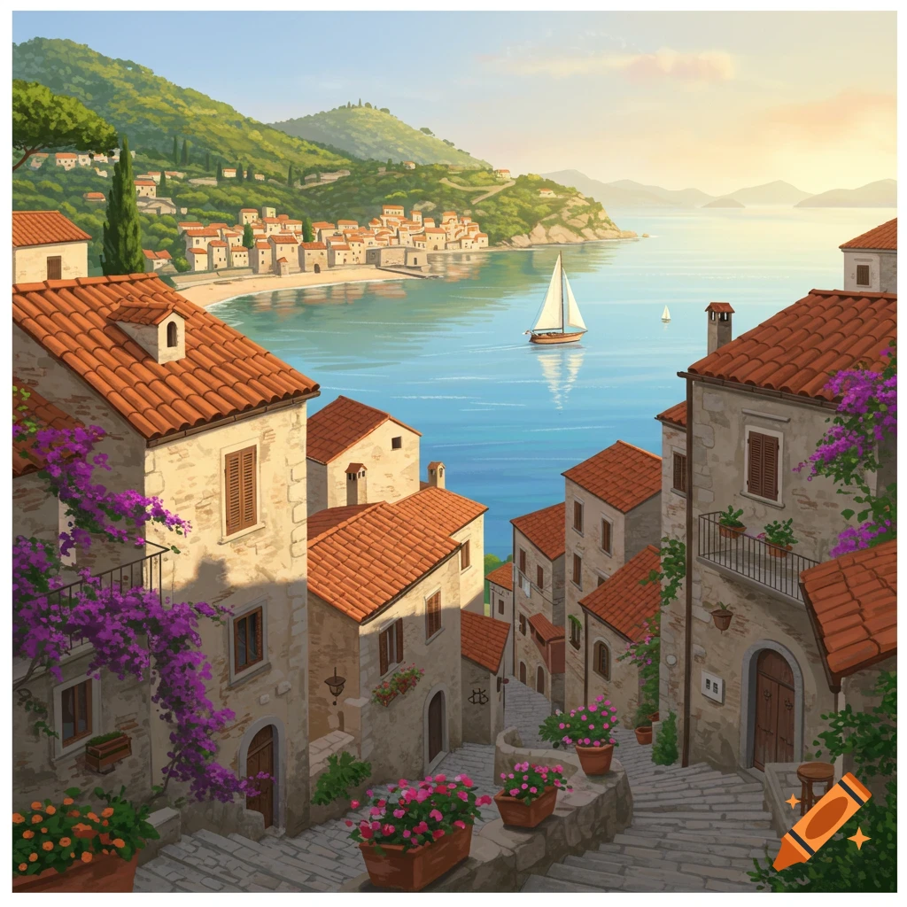 An illustrated view of a vibrant Mediterranean coastal town with terraced houses, red roofs, purple bougainvillea, and a sailboat on blue water at sunset.