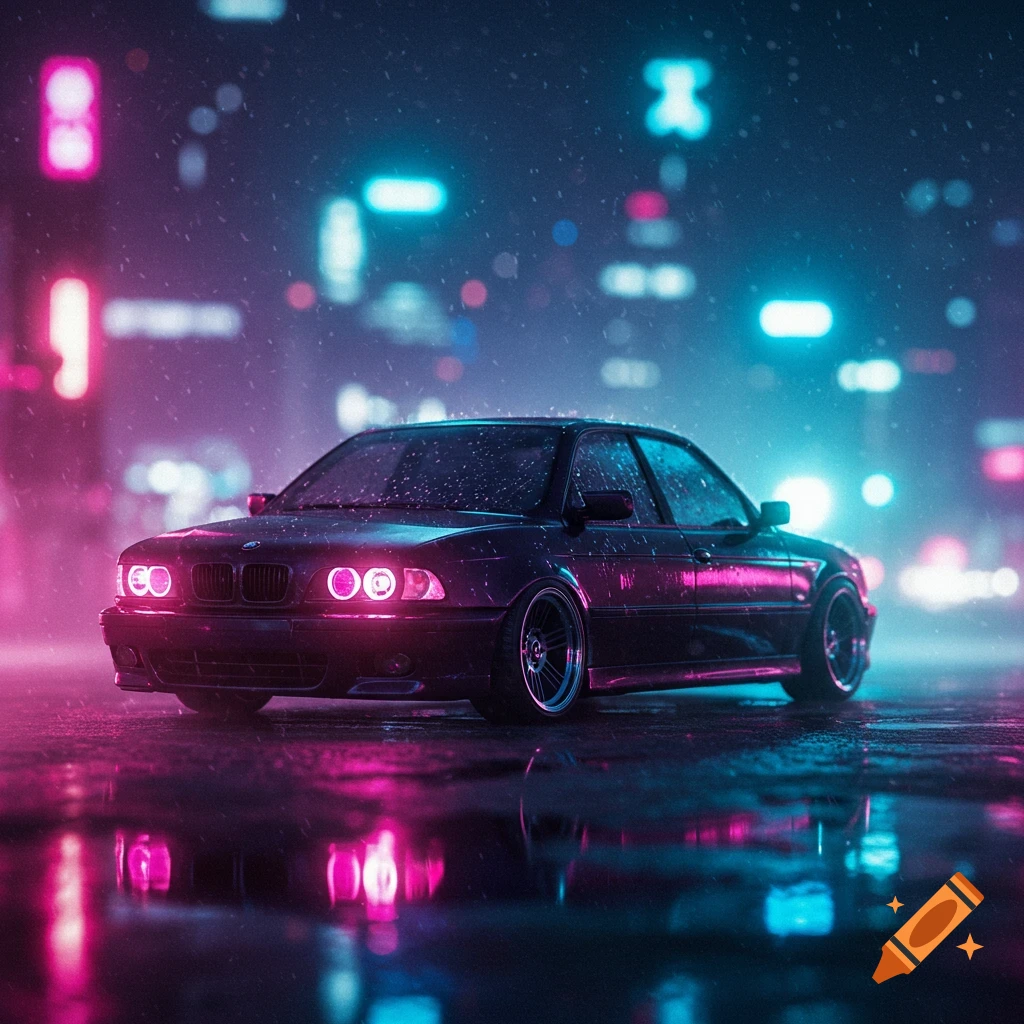 A midnight purple BMW E39 parked on a wet street at night, illuminated by glowing neon pink and blue city lights reflecting in the rain.