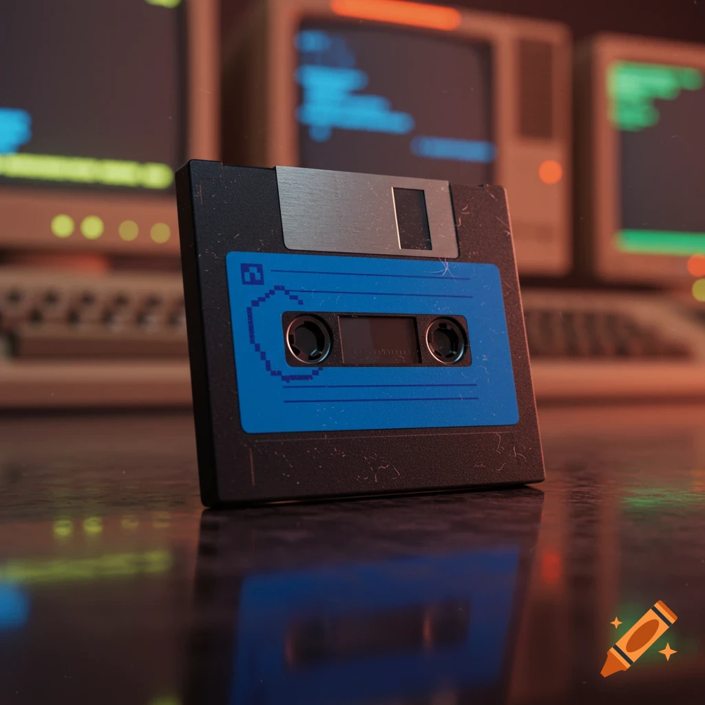 A black floppy disk with a blue pixelated cassette tape label stands upright on a reflective surface, with blurred vintage computer monitors in the background.