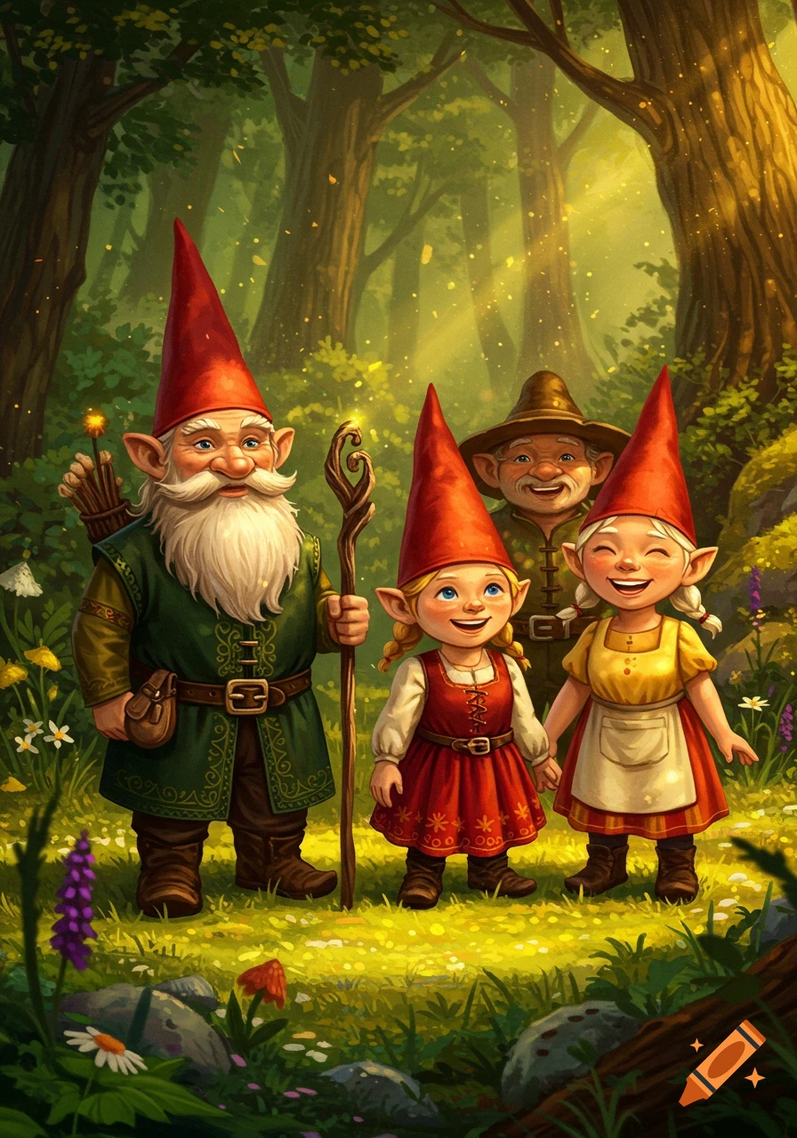 A family of four gnomes, two adults and two children, smile in a sun-dappled magical forest. Fantasy illustration.