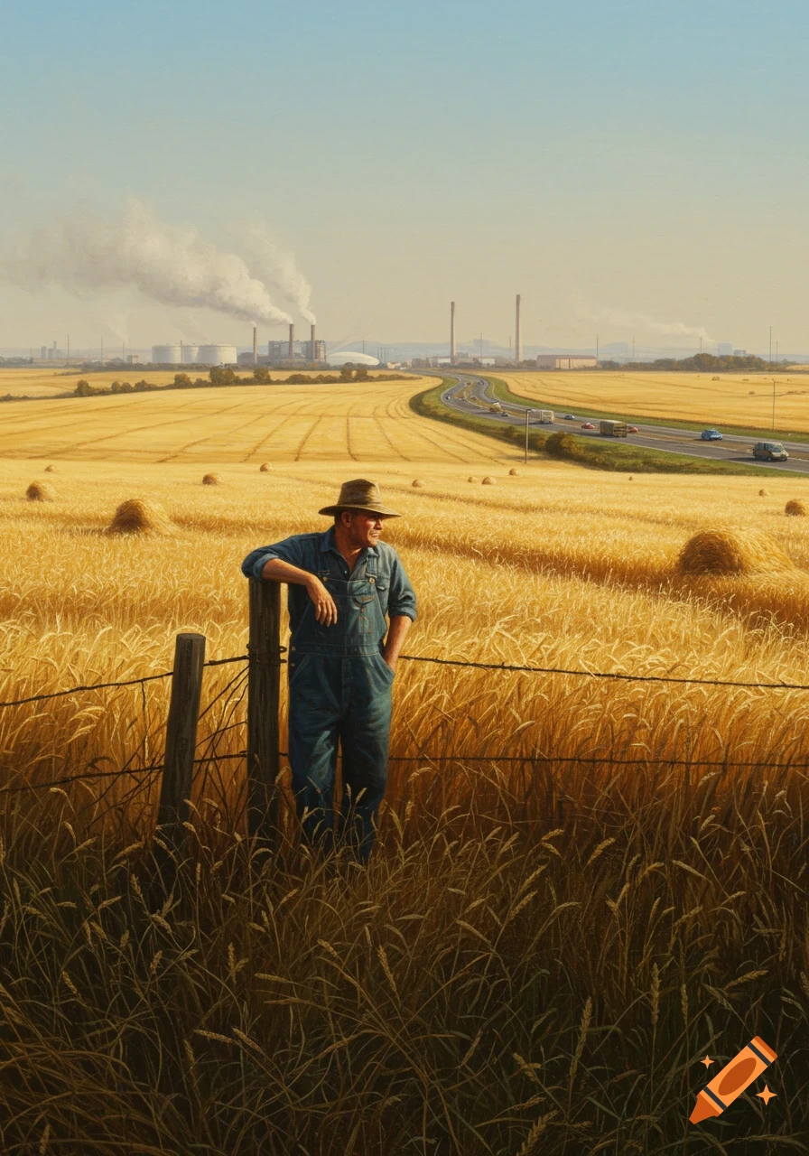 A farmer in blue overalls and a hat leans on a fence post in a golden wheat field with an industrial complex and highway in the background.